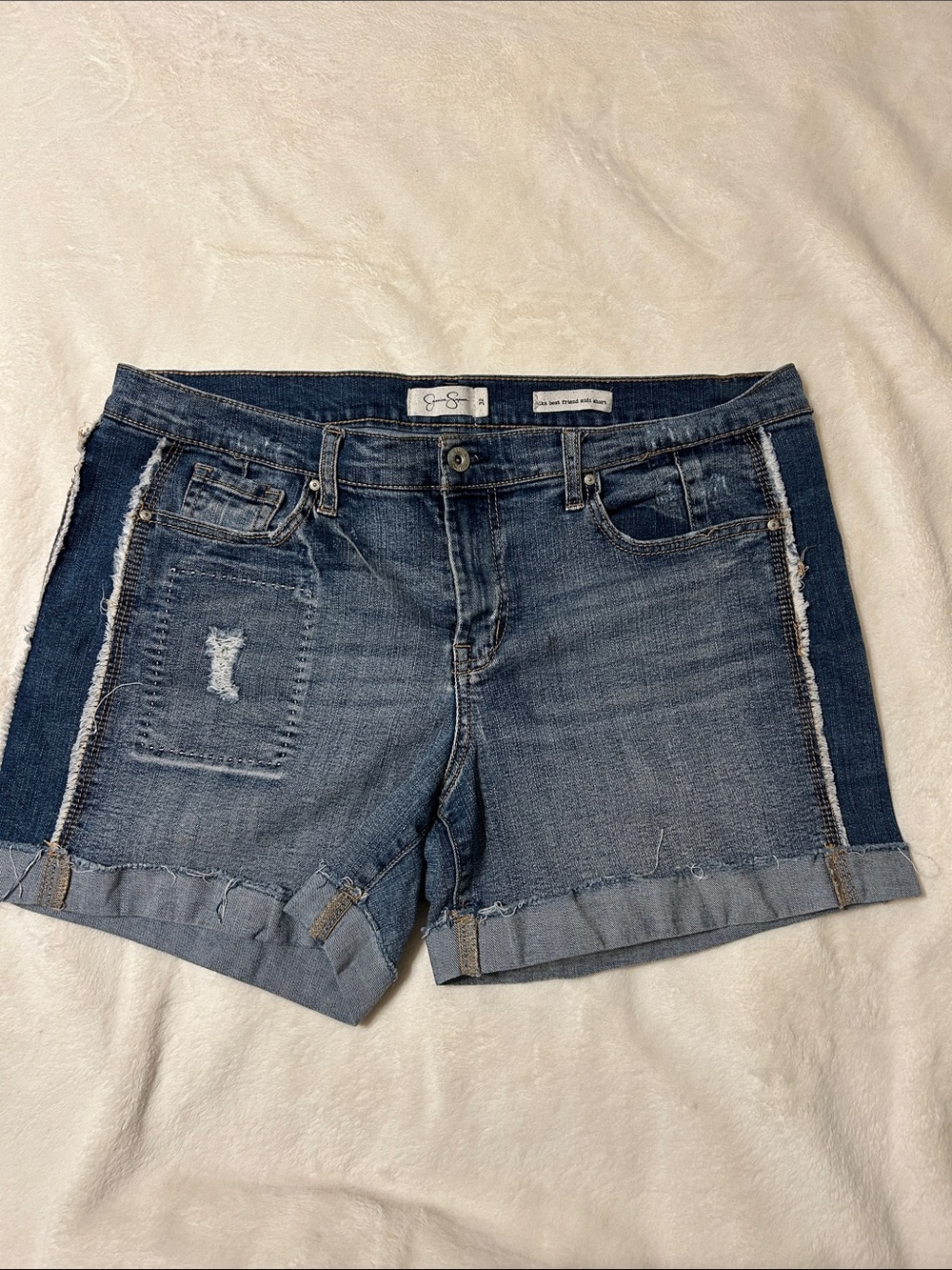Jessica Simpson Two-Tone Distressed Denim Jean Shorts - Dark Blue & Medium Blue